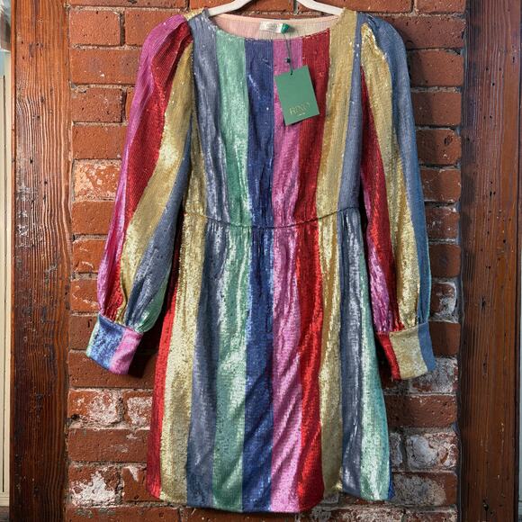 NWT RIXO Ava Rainbow Sequin Stripe Mini Dress Balloon Sleeve Long Sleeve XS - Picture 2 of 14